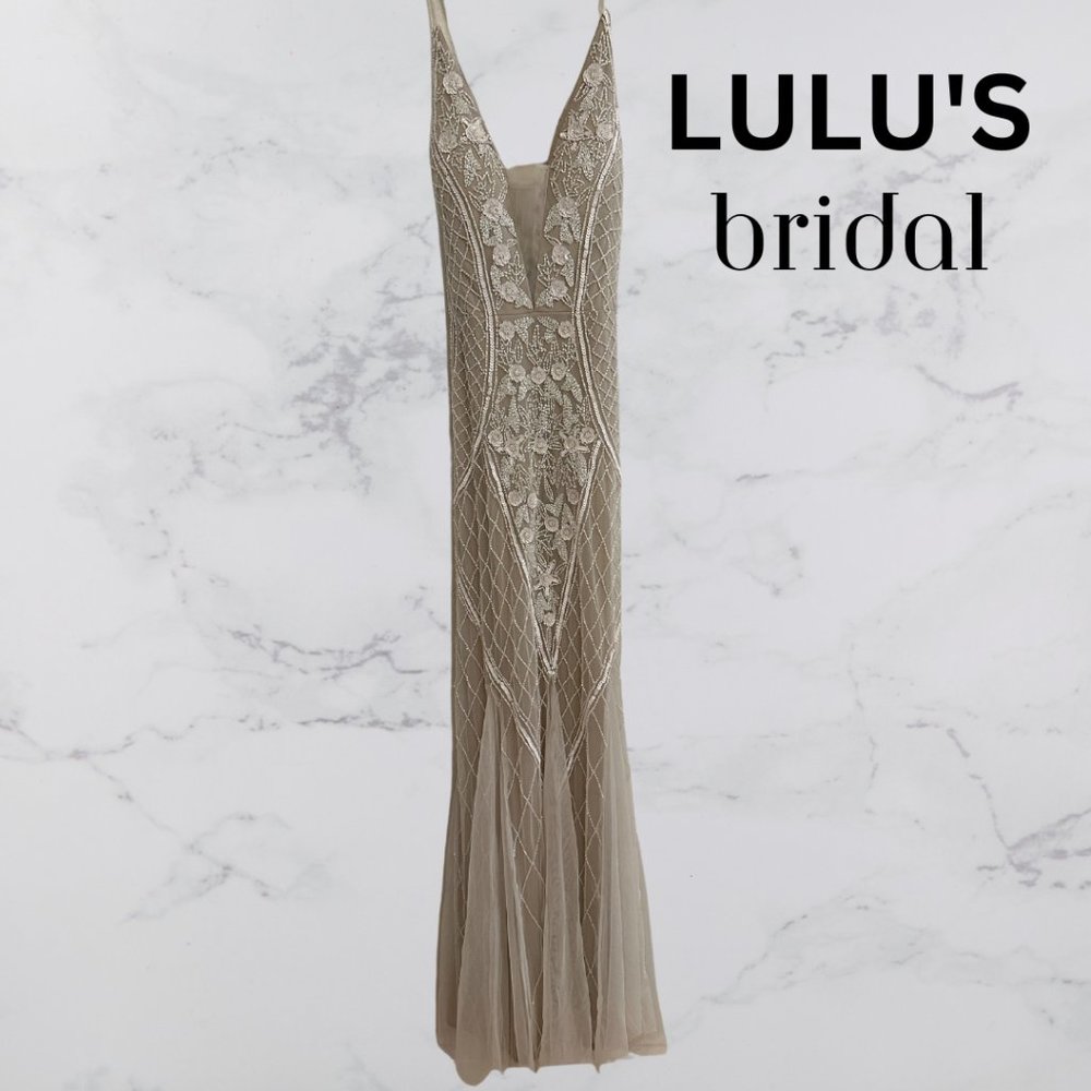 White and Nude Beaded Sequin Maxi Dress
